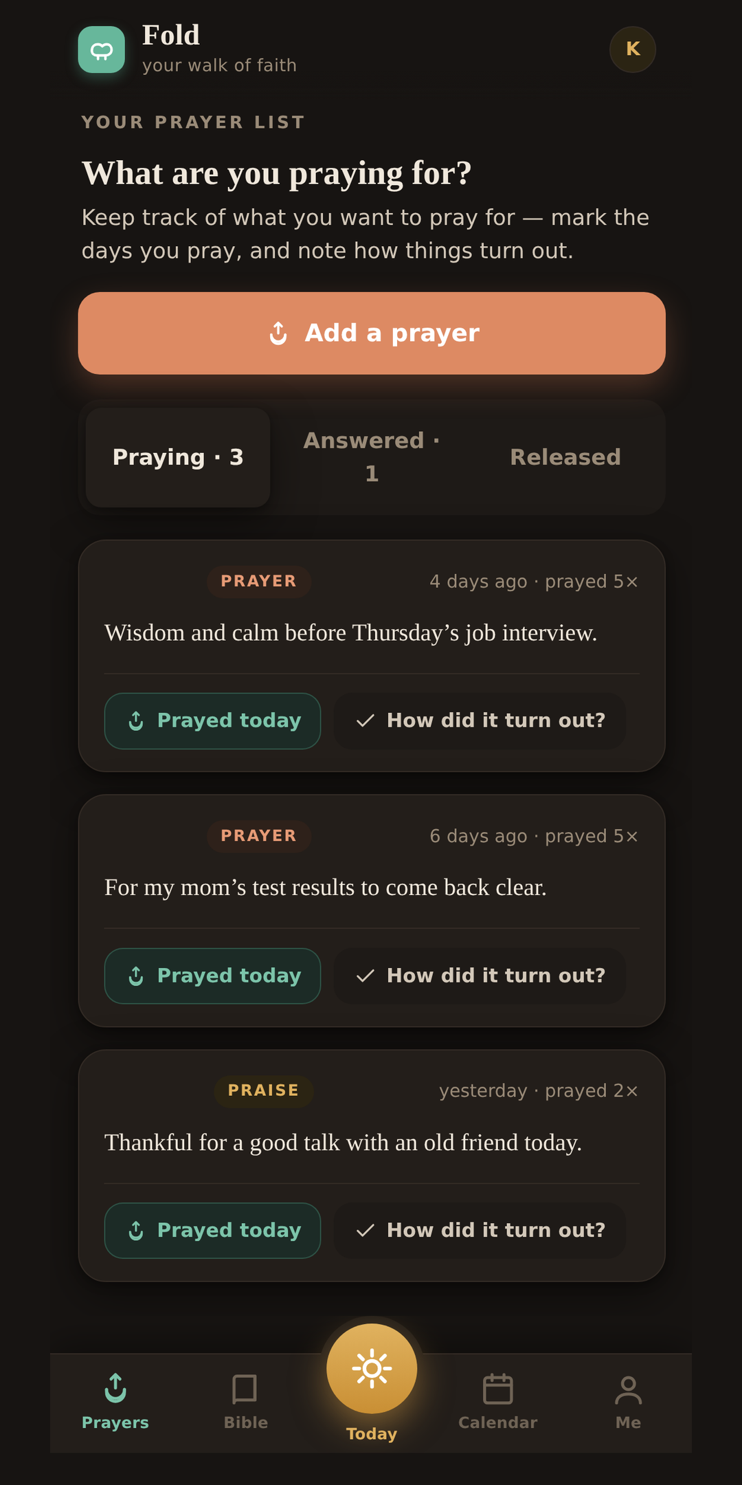 Prai prayer journal screen